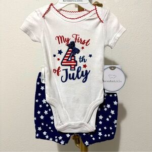 My First 4th of July Patriotic Outfit 100% Cotton White Red Blue Bow Glitter